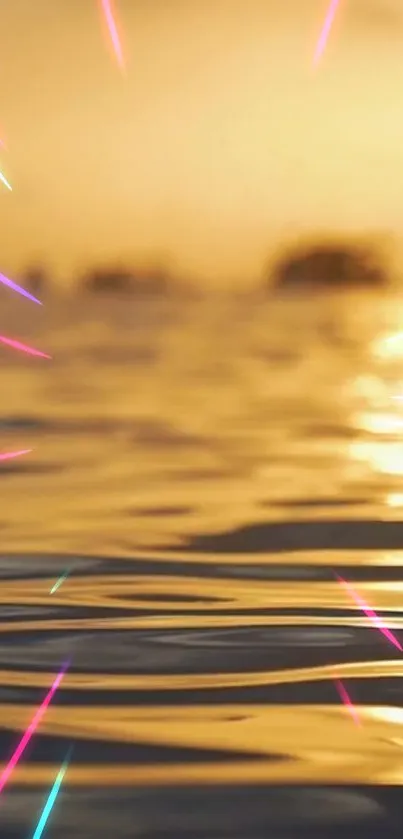 Golden ocean waves with colorful light streaks at sunset.