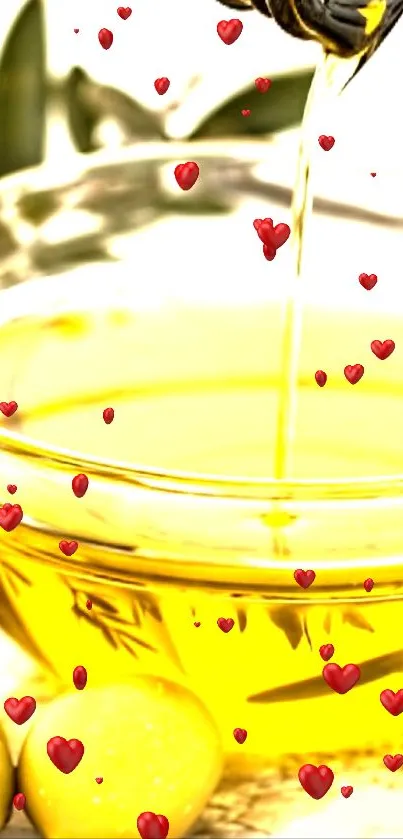 Golden olive oil with hearts wallpaper for mobile.