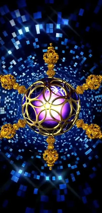 Golden ornamental orb with a vibrant blue and purple background.