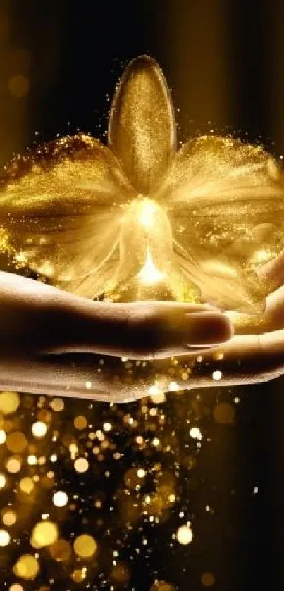 Golden orchid flower in hand with sparkling lights on mobile wallpaper.