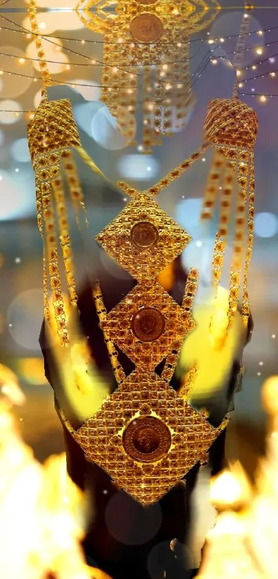 Golden ornamental design with bokeh lights.