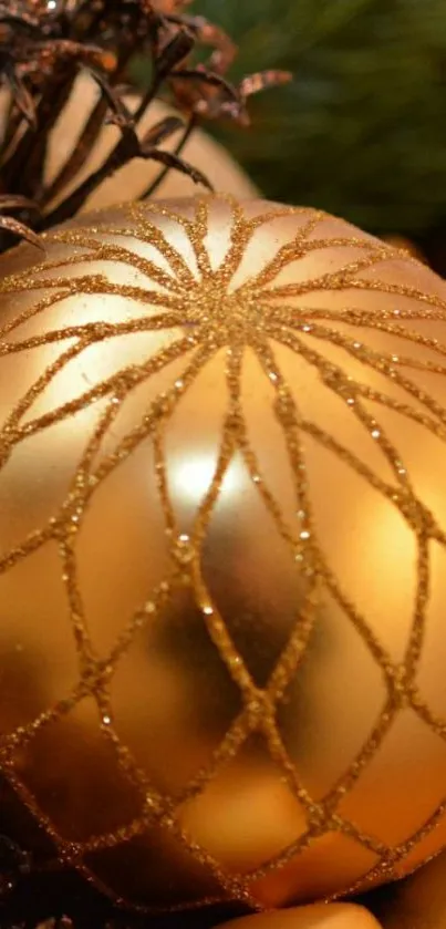 Golden holiday ornament on festive foliage.