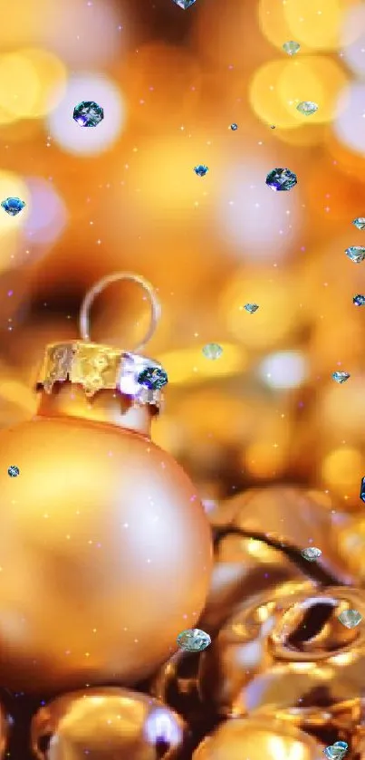 Mobile wallpaper with golden ornaments and shiny festive decorations.