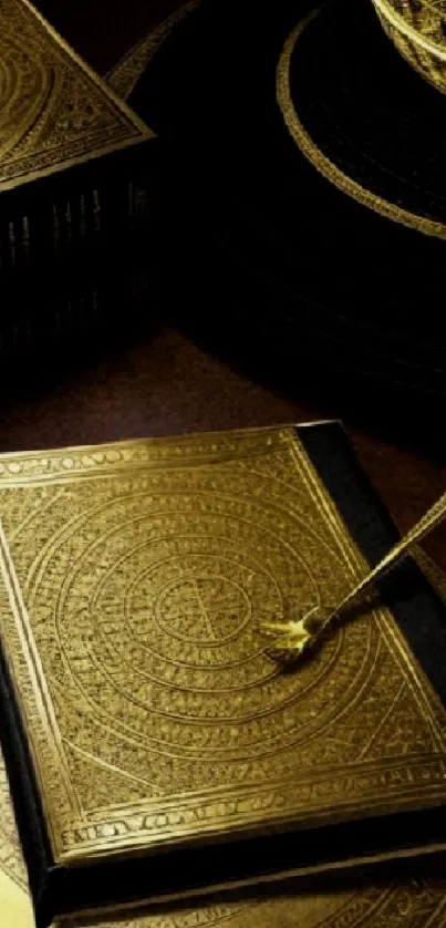Elegant golden book and quill mobile wallpaper with ornate design.