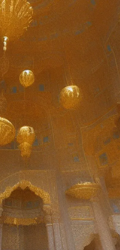 Ornate golden ceiling with intricate design and chandeliers.