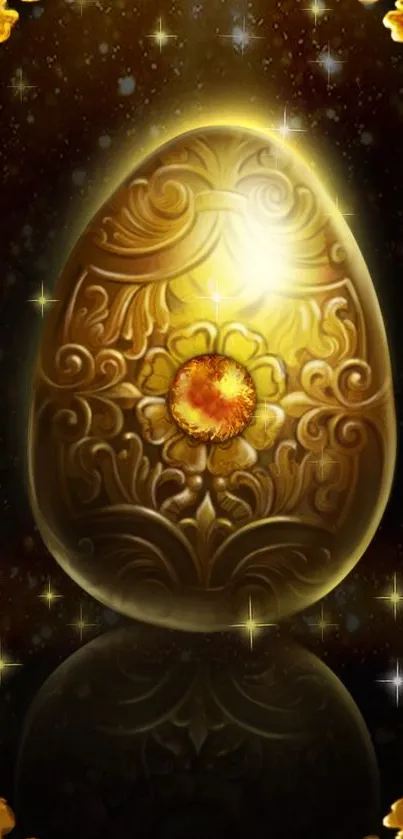 Intricately designed golden egg glowing elegantly on a dark background.