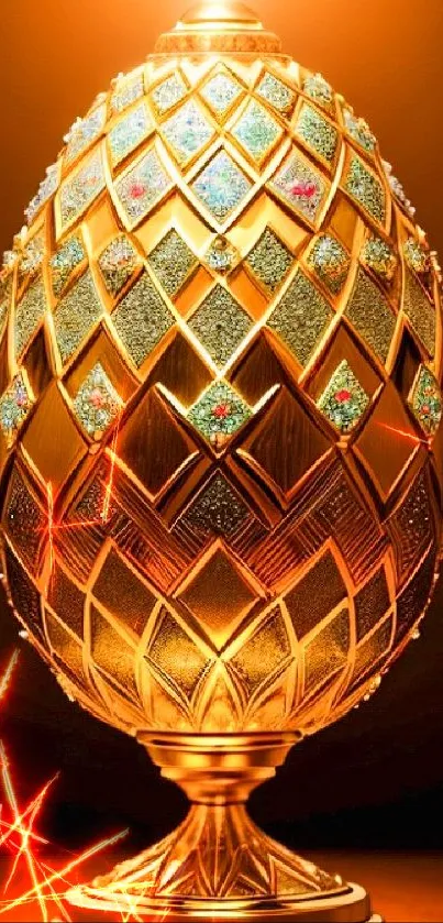 Luxurious golden egg with ornate designs and glowing light.