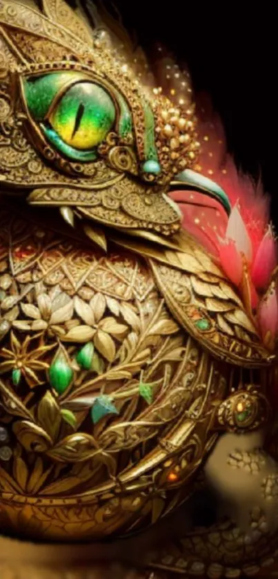 Intricate golden fantasy creature with vibrant colors and ornate designs.