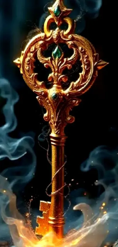 Ornate golden key with mystical smoke