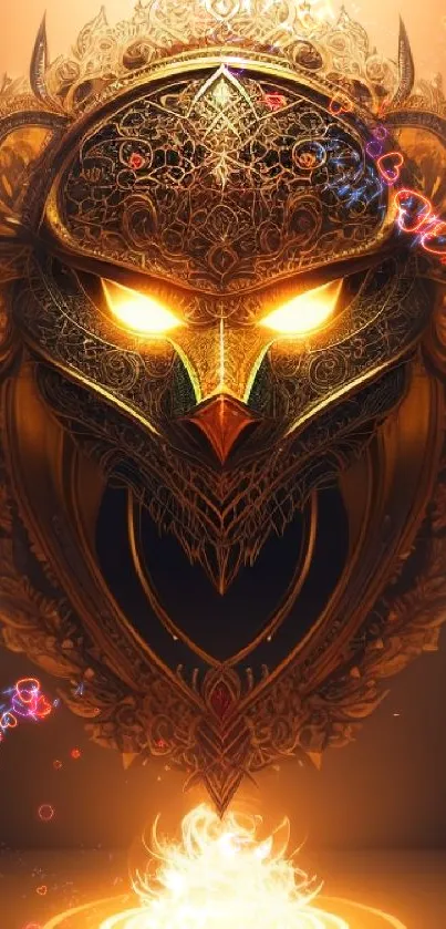 Golden ornate mask with glowing eyes and intricate design.