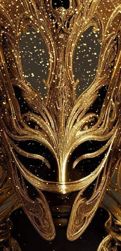 Elegant golden ornate mask on dark background for phone wallpaper.