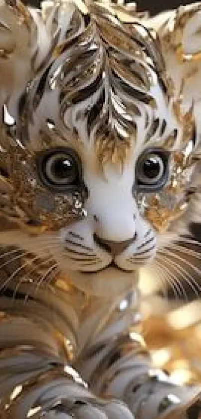 Ornate golden tiger cub mobile wallpaper with intricate details.