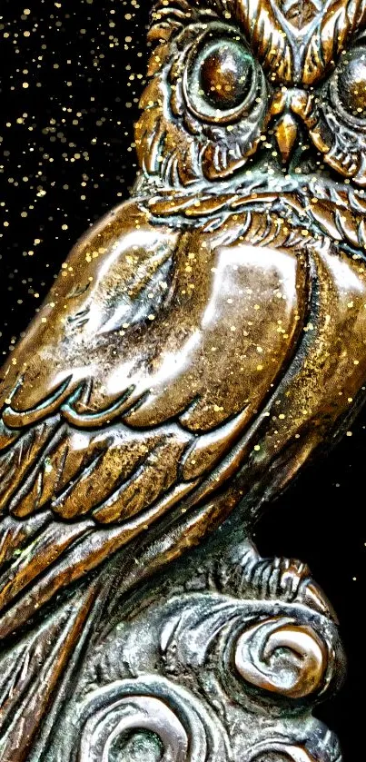 Golden owl sculpture on starry black background.