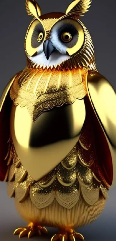 Golden owl with metallic details on a dark background, perfect for mobile wallpaper.