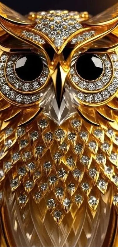 Luxurious golden owl with intricate design against dark background.