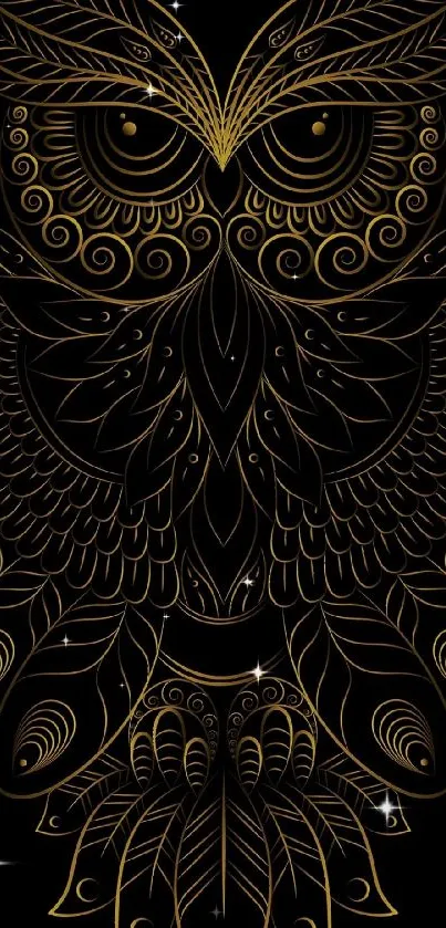 Intricate golden owl design on a black background.