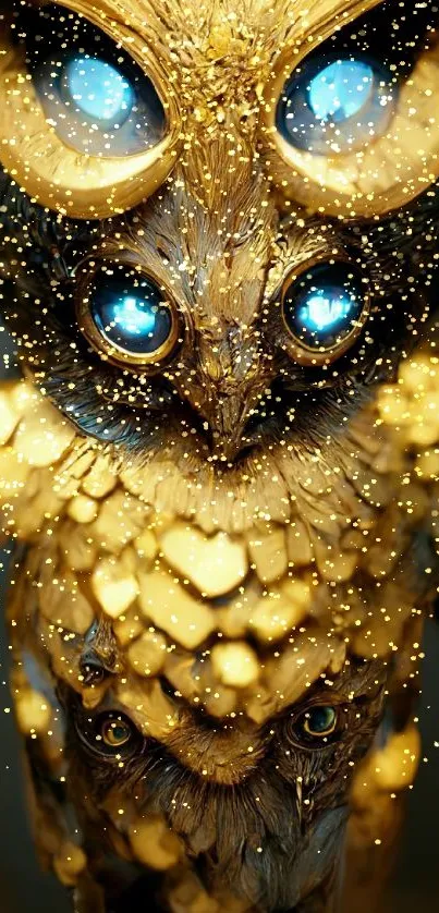 Fantasy golden owl with blue eyes wallpaper.