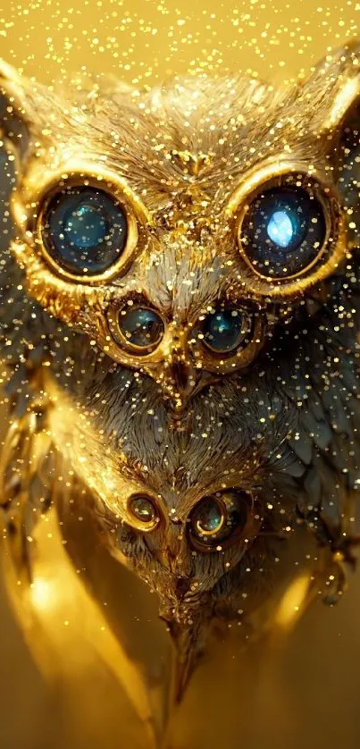 Fantasy golden owl art with glowing details.