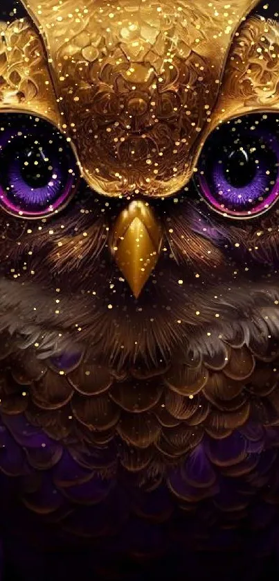 Intricately designed golden owl with large purple eyes on a black background.