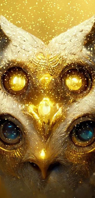 Golden owl with glowing eyes in a fantasy art style.