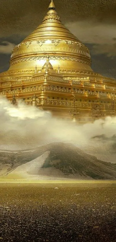 Golden pagoda surrounded by mystical clouds.