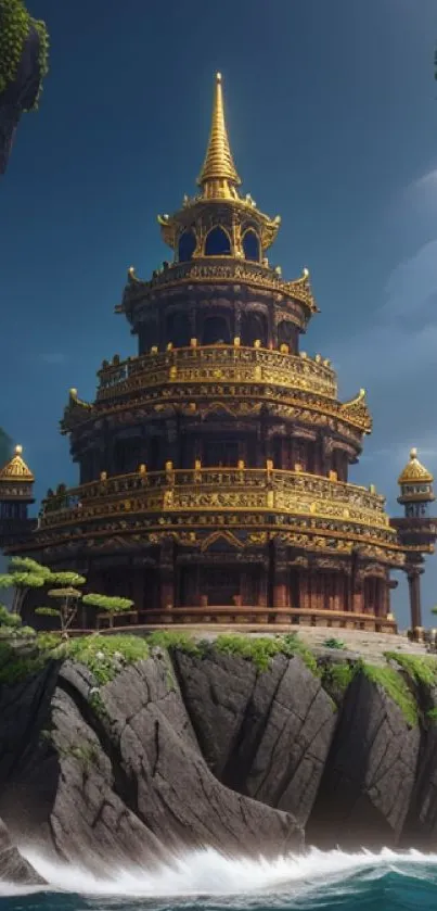 Golden pagoda on island with rocky cliffs and blue ocean.