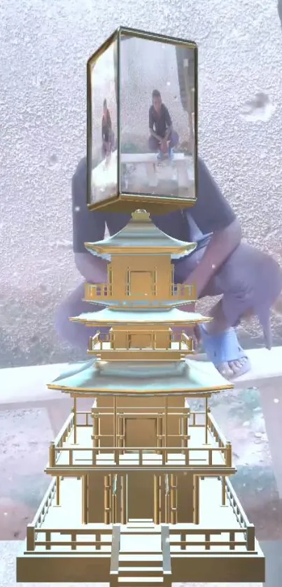 A decorative pagoda artwork with reflections featured in a wallpaper.