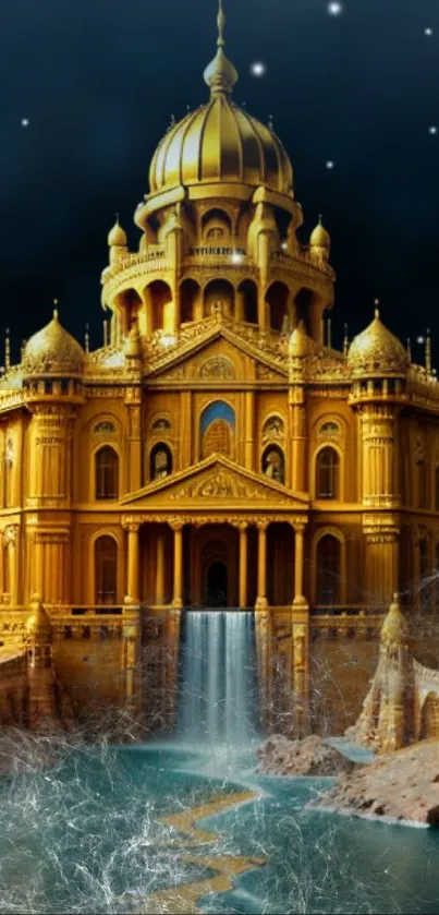 Golden palace with intricate details and water reflections, fantasy art style.