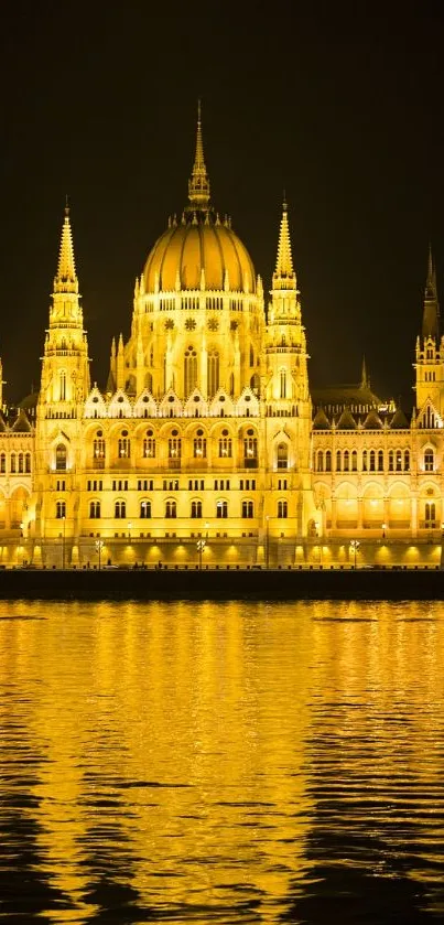 Golden palace reflecting on water at night.