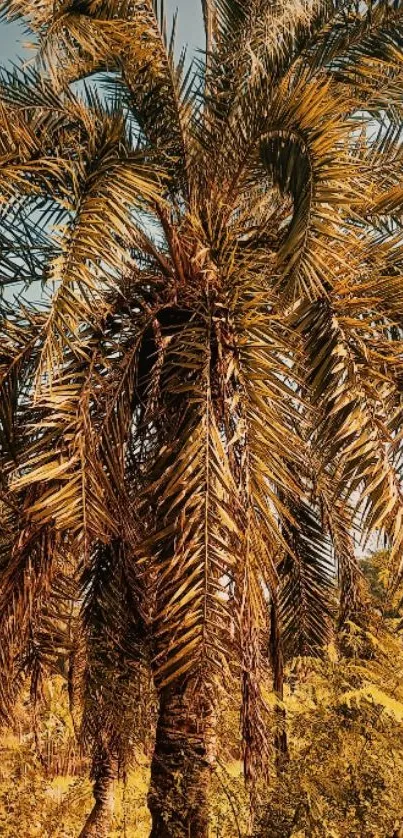 Golden palm tree with blue sky backdrop.