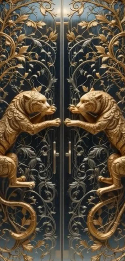 Golden panthers adorn ornate doors in luxurious design.