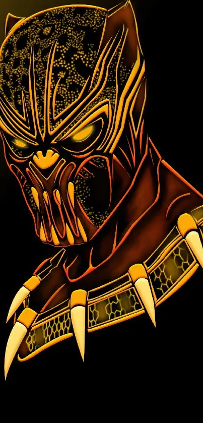 Golden panther warrior mask with intricate design on black background.