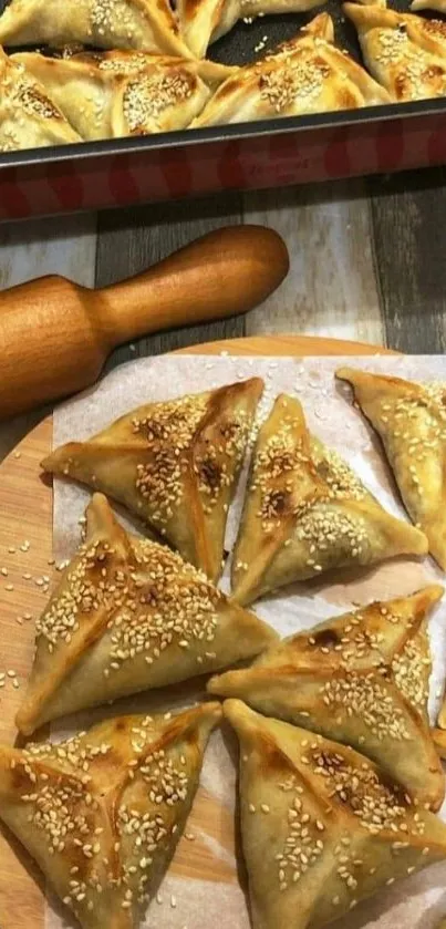 Golden brown triangular pastries topped with sesame seeds on a wooden board.