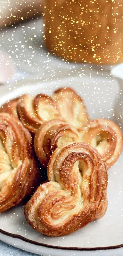 Heart-shaped pastries with golden glitter on a stylish background.