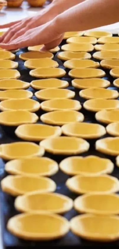 Hands arranging golden pastry shells for baking.