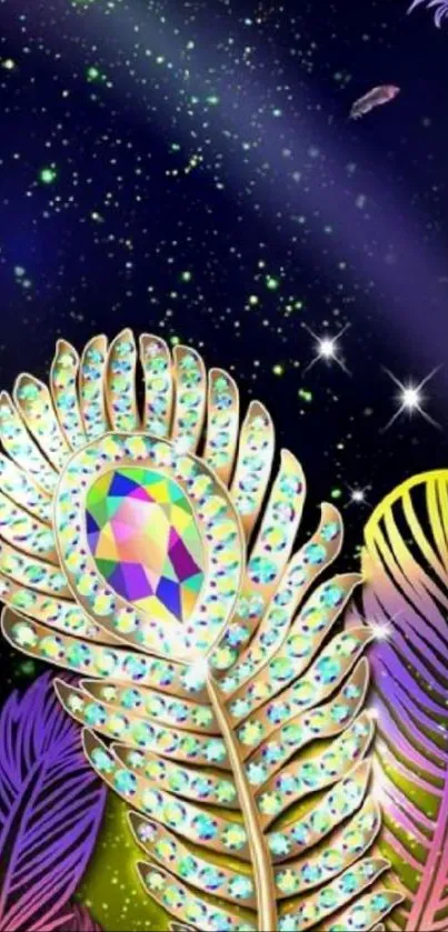 Golden peacock feather wallpaper with vivid colors and starry background.