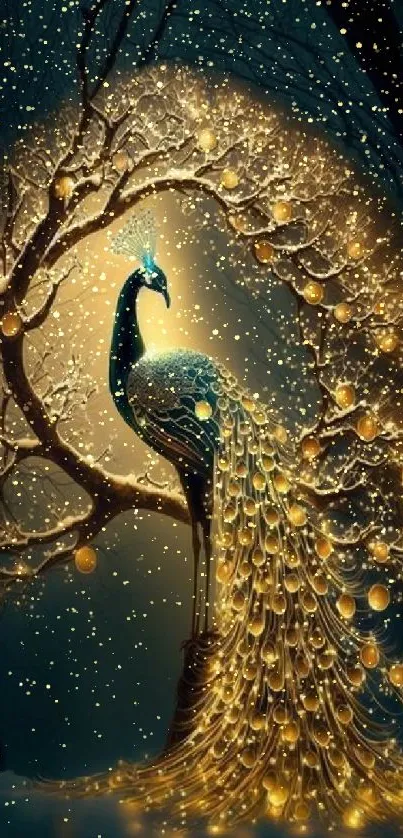 Golden peacock illuminated in a mystical forest.