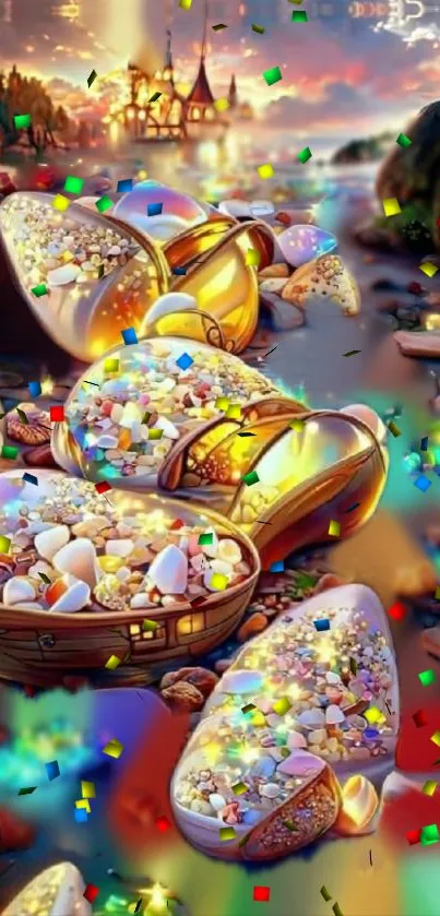 Golden pebbles and colorful confetti by a scenic lakeside.