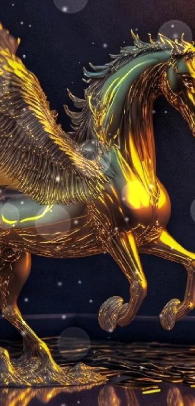 Luxurious golden Pegasus with reflective floor art wallpaper.