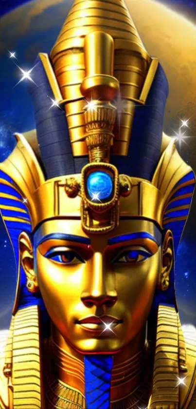 Golden pharaoh wallpaper with intricate blue and gold details.