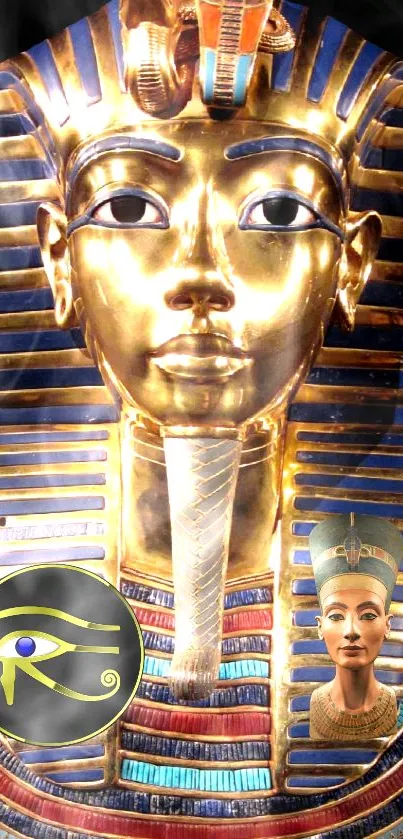 Golden mask of Pharaoh with Egyptian symbols and Nefertiti bust.