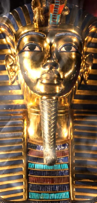 Golden Pharaoh mask with ancient Egyptian design in vibrant colors.