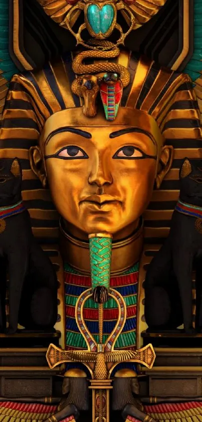 Golden pharaoh head with Egyptian motifs and black cats on a mobile wallpaper backdrop.