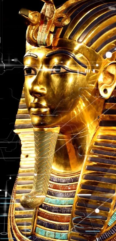 Golden Pharaoh mask with rich Egyptian design set against a dark background.