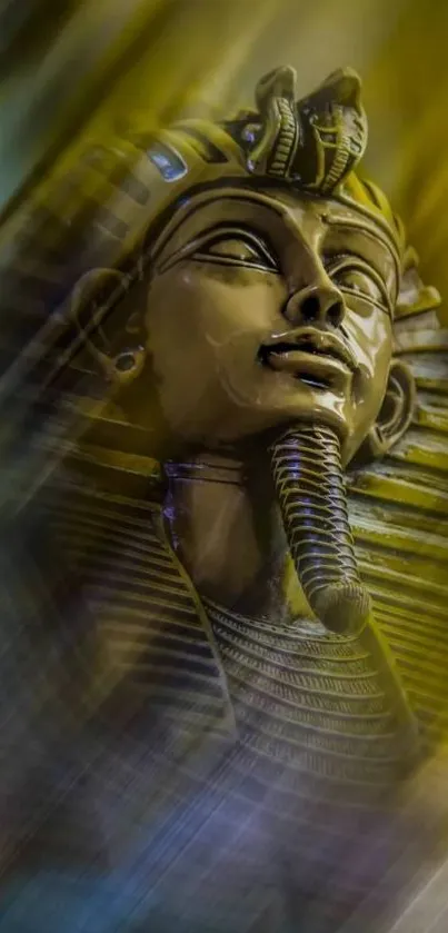 Golden Egyptian pharaoh statue with dynamic color effects.