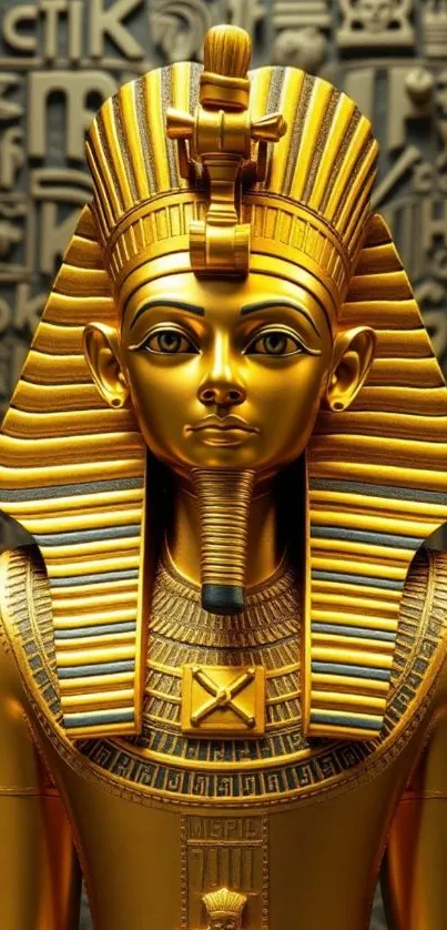 Golden pharaoh statue on ancient Egyptian hieroglyphic background.