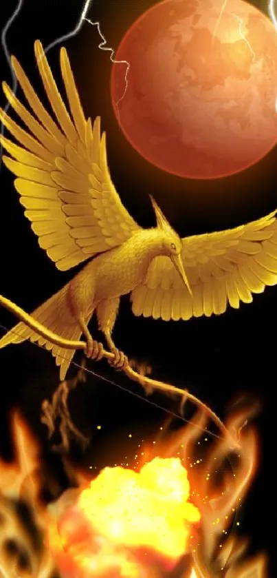 Golden phoenix with red moon and fire in captivating fantasy scene.