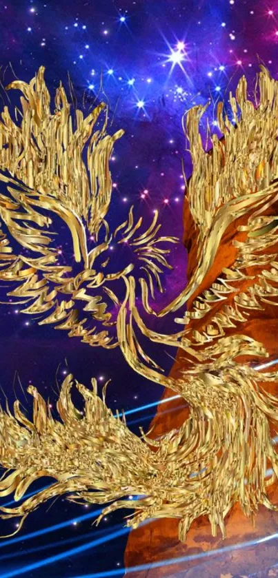 Golden phoenix in a cosmic galaxy backdrop for phone wallpaper.