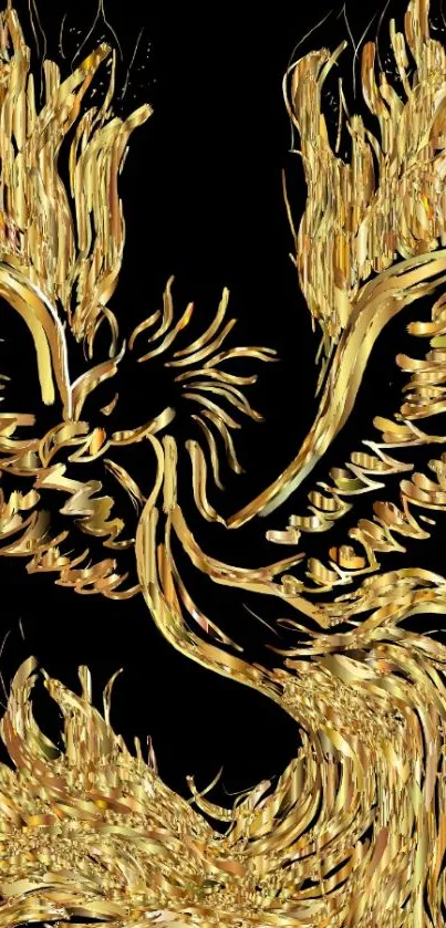 Golden phoenix design on black background, elegant mobile wallpaper.