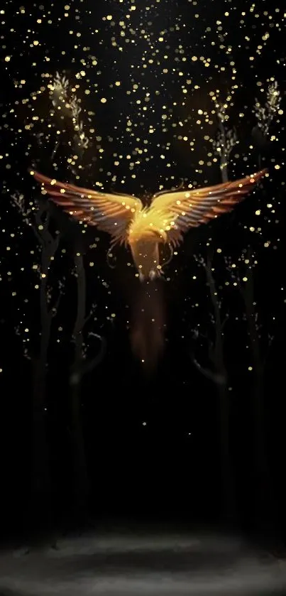 Golden phoenix with wings spread on a mystical dark background, surrounded by stars.